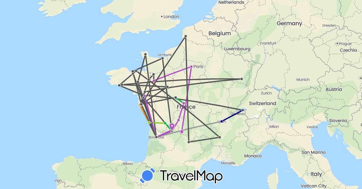 TravelMap itinerary: driving, bus, plane, train, hitchhiking, motorbike, electric vehicle in France (Europe)